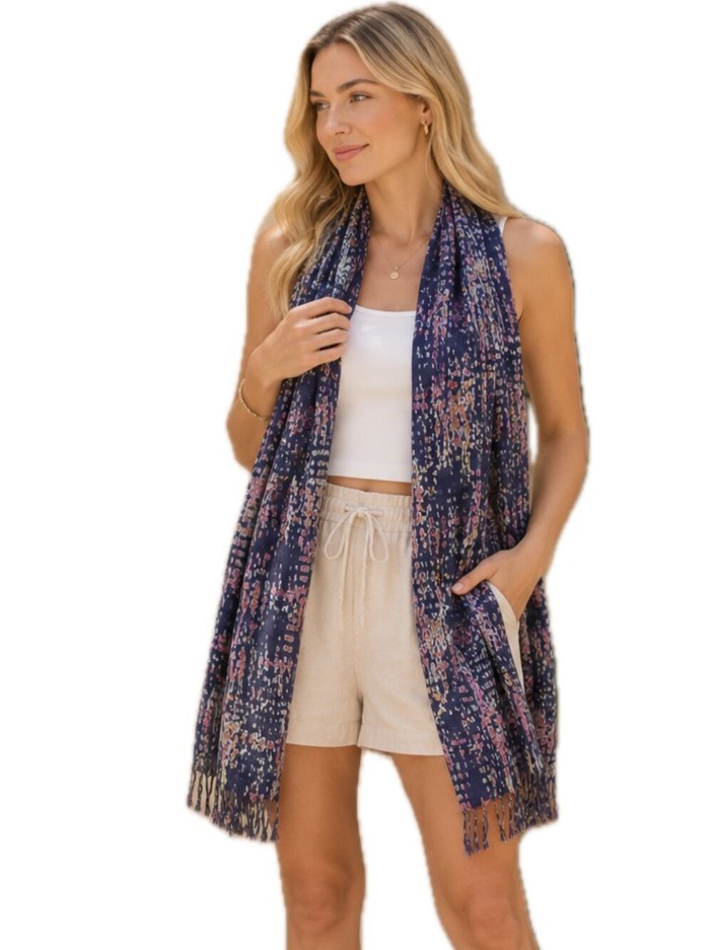 Italian Silk Multi-color Scarf Abstract Indigo Pattern Fringe Edge 76"x16" NEW